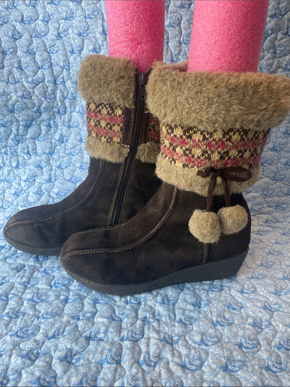 Cherkee Brown Faux-Fur & Leather Wedge Winter Boots with Knit Cuff and Pom-Poms